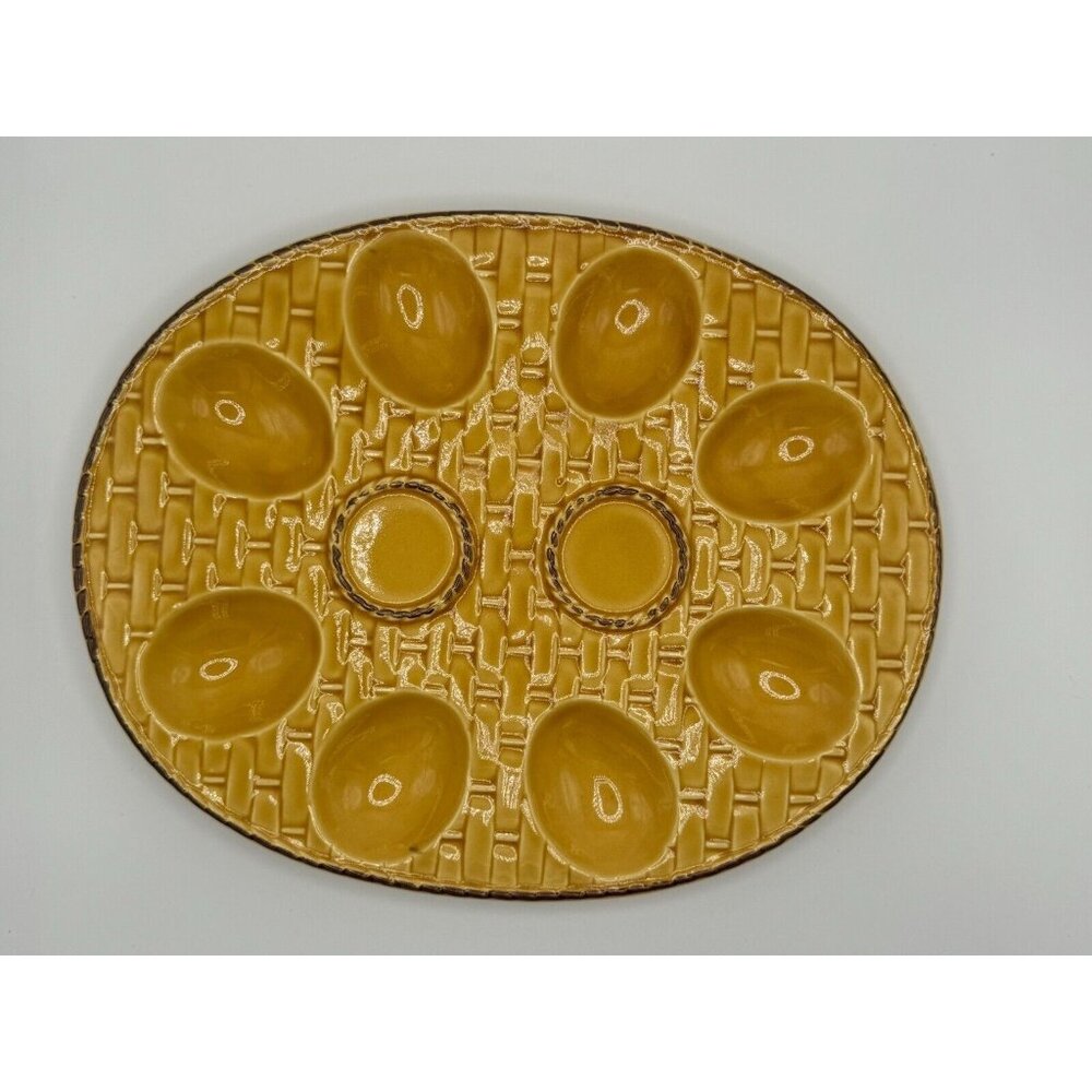 Vintage deviled egg tray in yellow basketweave design 10" x 8.25" oval MCM